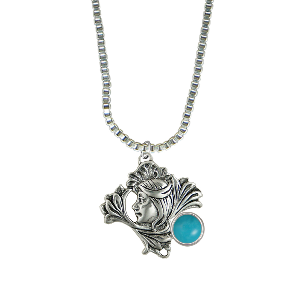 Sterling Silver Woman Maiden of the Lotus Flower Pendant Necklace With Turquoise